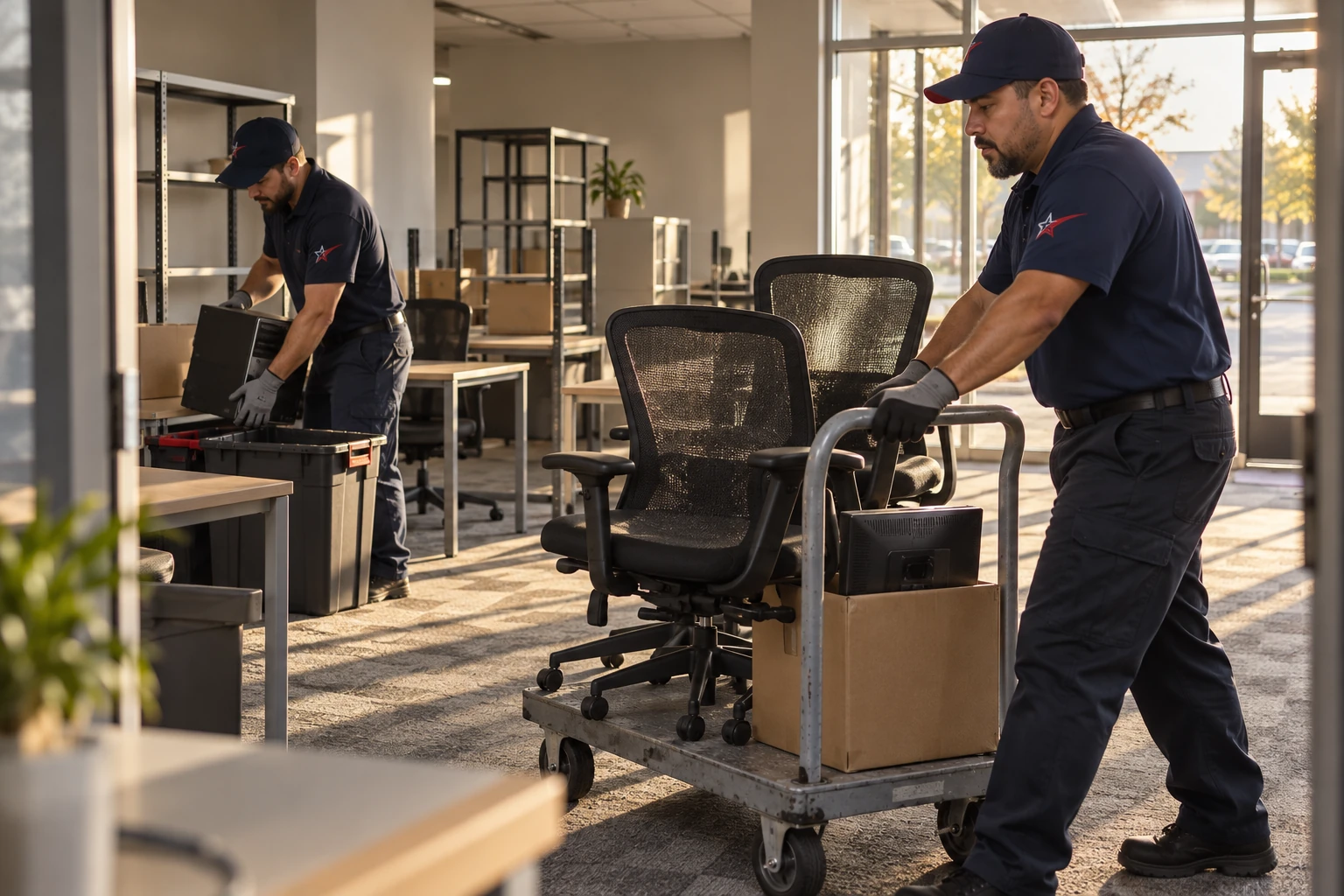 Commercial junk removal service illustration of office furniture being cleared