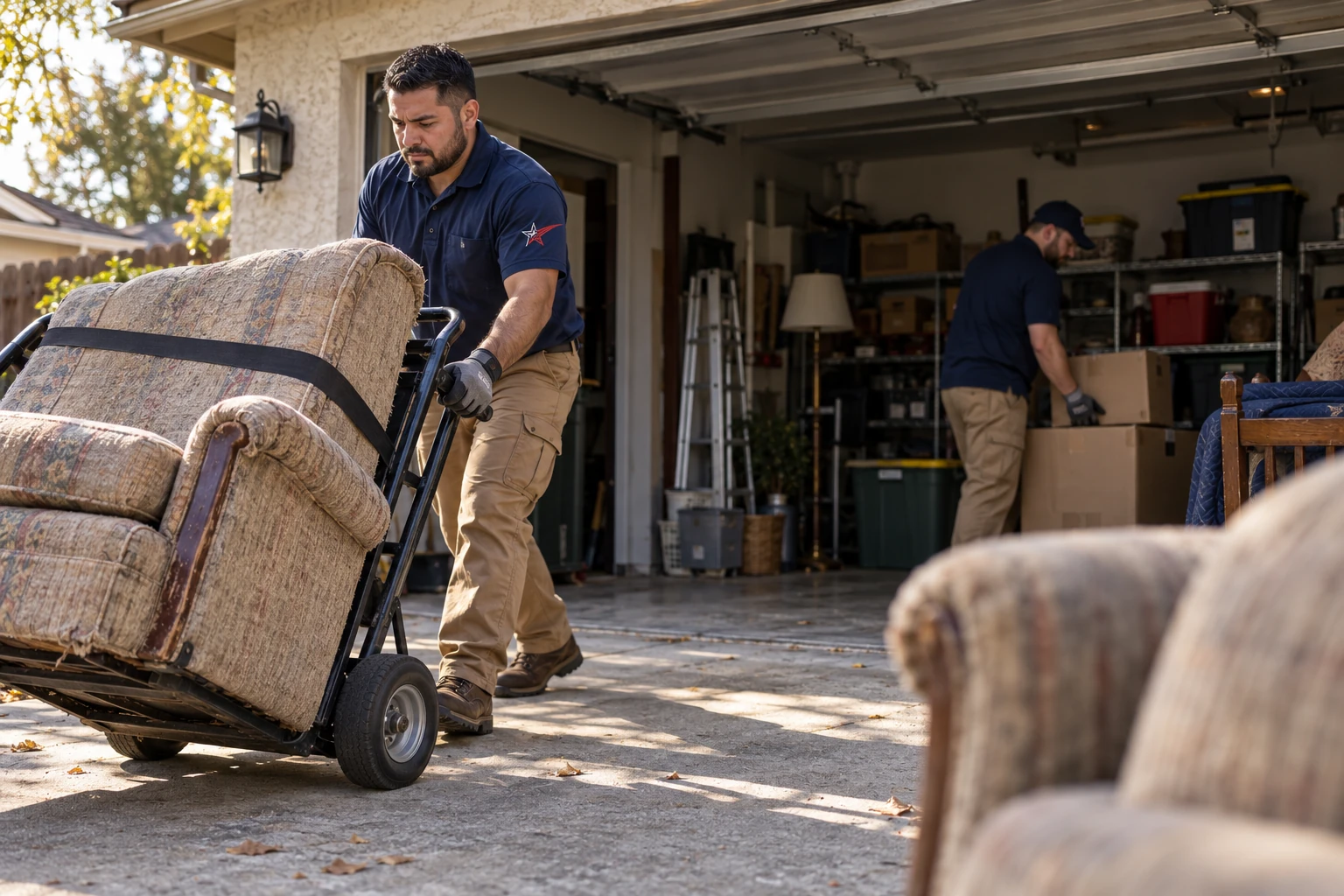 Residential junk removal service illustration of furniture being carried from a garage