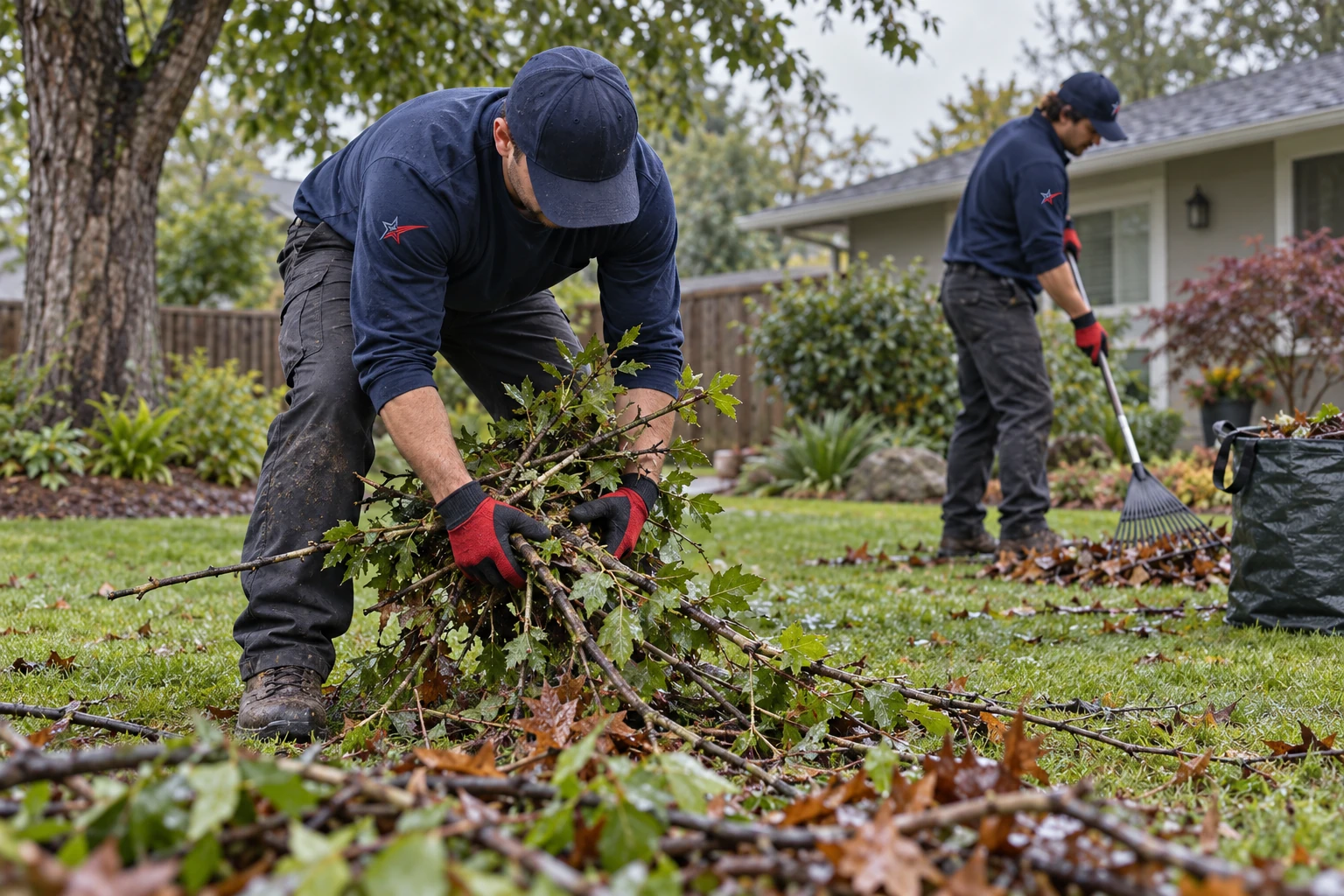 Storm cleanup service illustration of fallen branches being collected